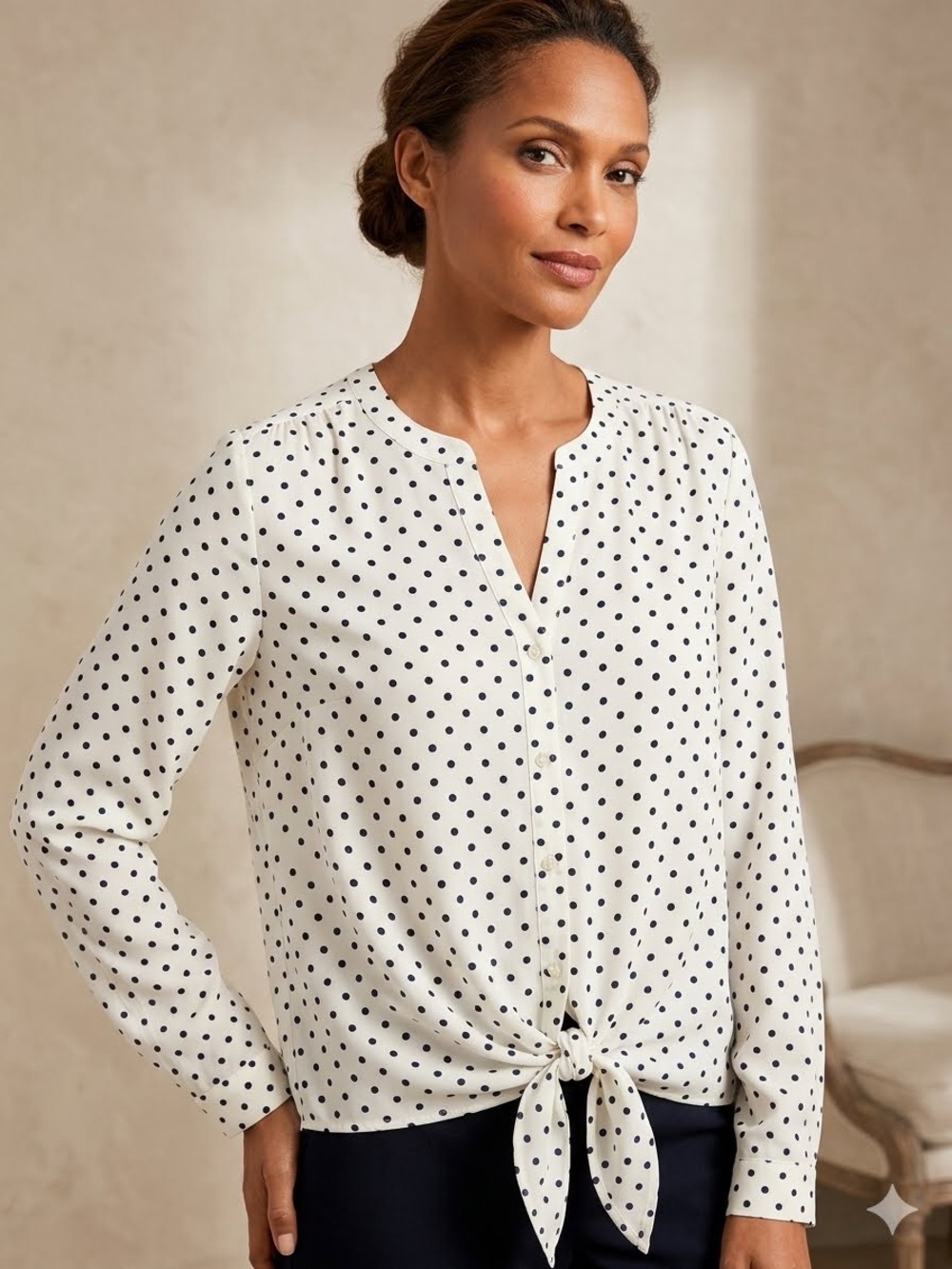 Talbots Cream Blouse with Black Polka Dots and Front Tie